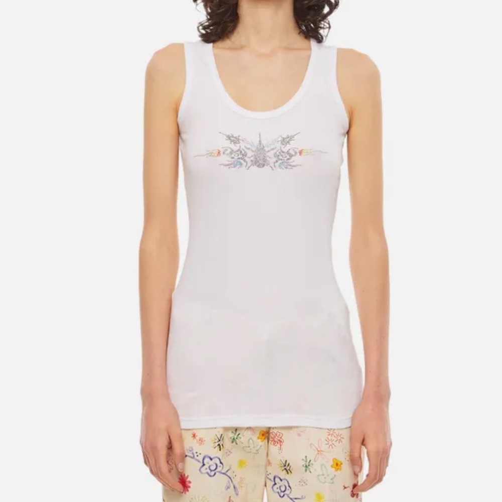 COLLINA STRADA White Rhinestone Ribbed Tank Top in M